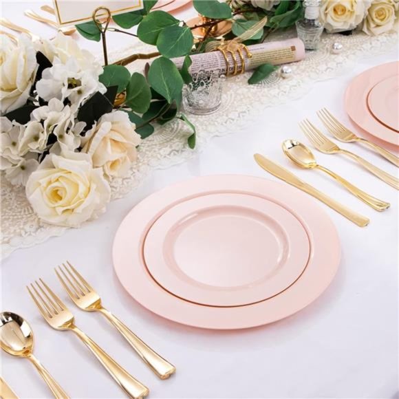 60PCS Pink Plastic Plates - Heavy Duty Pink Dinner Plates Disposable for Party - Picture 5 of 7
